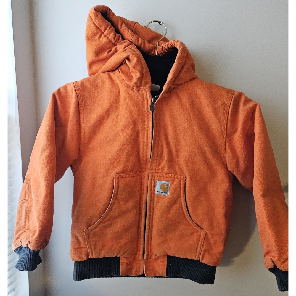 Carhartt Youth XS (6) Orange Duck‎ Canvas Hooded Jacket Quilted Lined Full Zip
